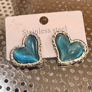 Stainless Steel Heart Earrings in Blue and Silver